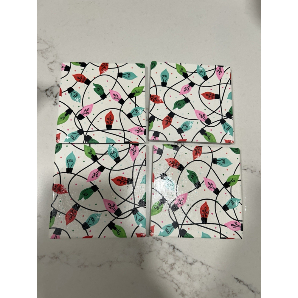 Drink Coasters Christmas Lights Ceramic Tiles Set Of 4 & Cork Backing